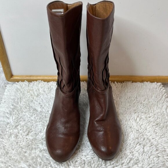 Frye Lisa Slouchy Pleated Pull On Leather Heeled Boots Mid Calf Brown Size 6‎ - Picture 6 of 16